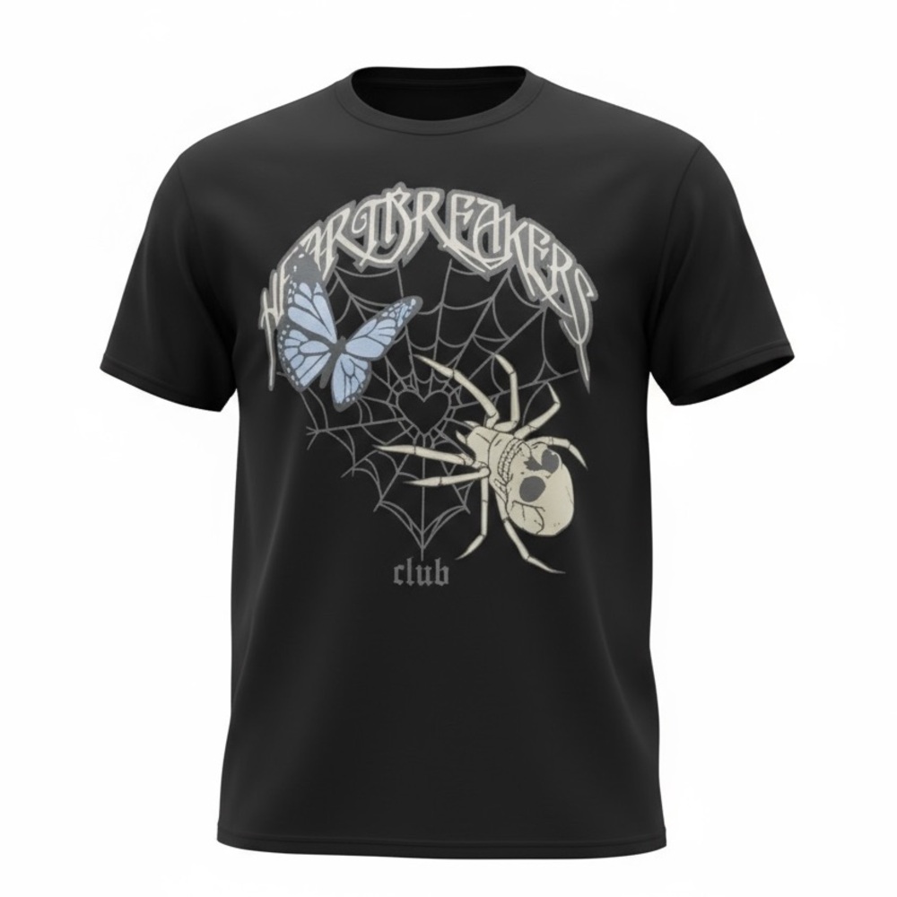 XL Heartbreakers Club- Graphic T-Shirt with Spider and Butterfly Design